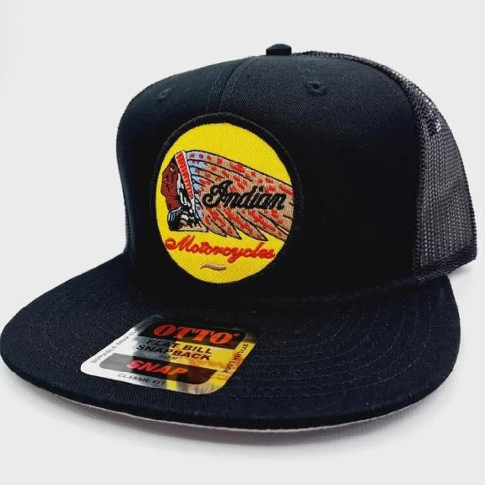 Retro Biker Indian Motorcycle Embroidrd Patch Flat Bill Trucker Mesh Cap Hat 70s